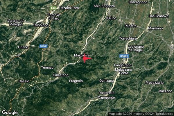 Debole Terremoto M2.5 epicentro 6 km E Calestano (PR) alle 00:37:36 (23:37:36 UTC)