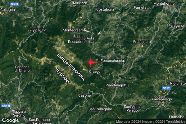 Leggero Terremoto M3.2 epicentro 9 km W Frassinoro (MO) alle 06:02:02 (05:02:02 UTC)