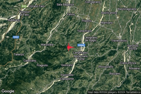 Leggero Terremoto M3.1 epicentro 3 km W Langhirano (PR) alle 10:53:02 (09:53:02 UTC)