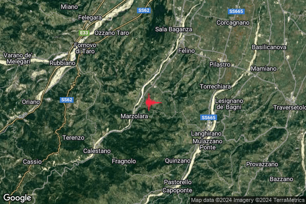 Lieve Terremoto M2.1 epicentro 6 km NW Langhirano (PR) alle 11:46:35 (10:46:35 UTC)