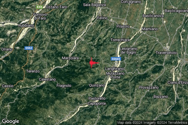 Debole Terremoto M2.5 epicentro 4 km W Langhirano (PR) alle 14:47:45 (13:47:45 UTC)