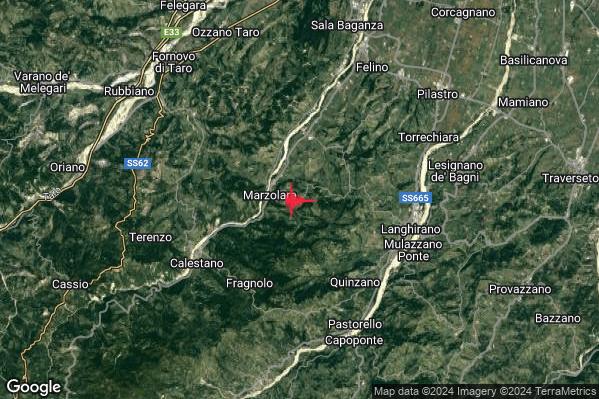Debole Terremoto M2.3 epicentro 6 km W Langhirano (PR) alle 14:51:11 (13:51:11 UTC)