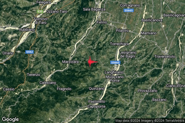 Debole Terremoto M2.5 epicentro 4 km W Langhirano (PR) alle 15:35:53 (14:35:53 UTC)