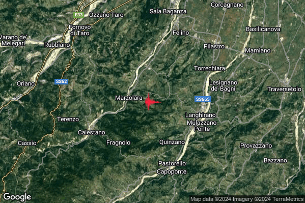 Leggero Terremoto M2.8 epicentro 5 km W Langhirano (PR) alle 19:59:56 (18:59:56 UTC)
