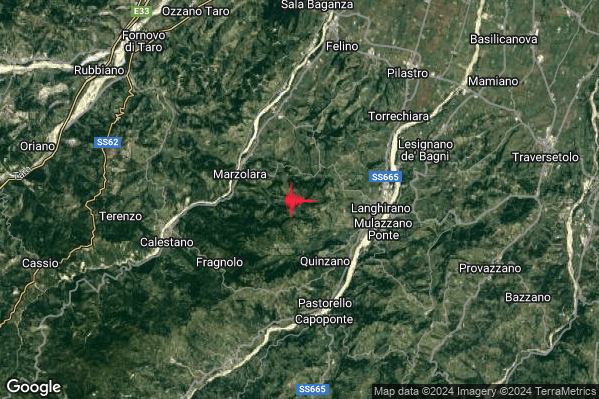 Leggero Terremoto M3.2 epicentro 4 km W Langhirano (PR) alle 20:45:57 (19:45:57 UTC)
