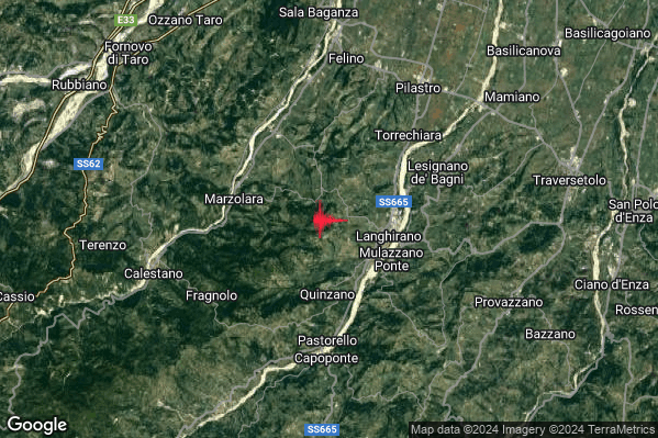 Debole Terremoto M2.4 epicentro 3 km W Langhirano (PR) alle 21:25:25 (20:25:25 UTC)