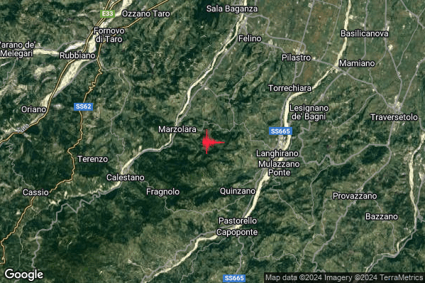 Leggero Terremoto M3.0 epicentro 5 km W Langhirano (PR) alle 23:14:36 (22:14:36 UTC)