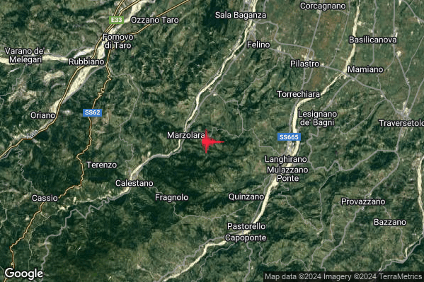 Lieve Terremoto M2.1 epicentro 6 km W Langhirano (PR) alle 03:34:32 (02:34:32 UTC)