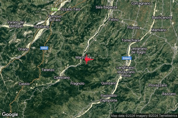 Debole Terremoto M2.7 epicentro 6 km NE Calestano (PR) alle 07:40:03 (06:40:03 UTC)
