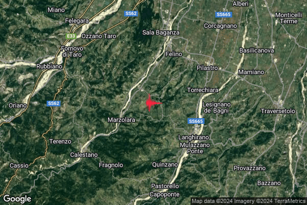 Debole Terremoto M2.3 epicentro 5 km NW Langhirano (PR) alle 05:51:16 (04:51:16 UTC)