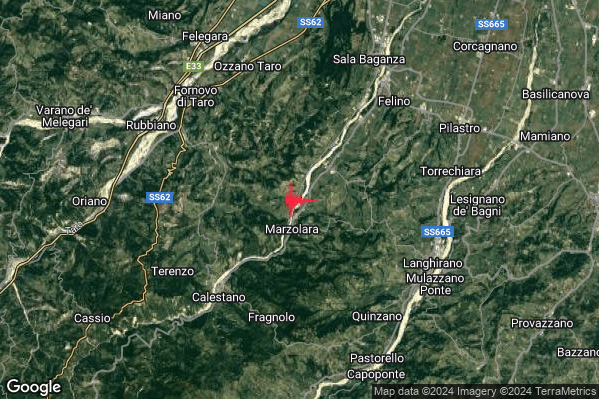 Debole Terremoto M2.3 epicentro 6 km NE Calestano (PR) alle 05:56:33 (04:56:33 UTC)