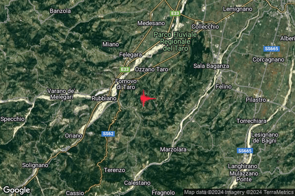 Leggero Terremoto M2.9 epicentro 3 km E Fornovo di Taro (PR) alle 07:56:27 (06:56:27 UTC)