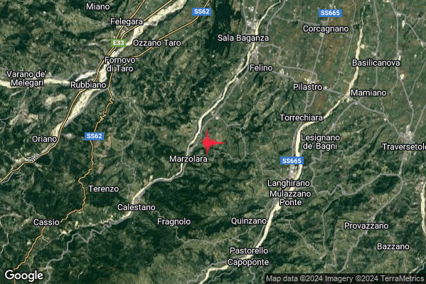 Debole Terremoto M2.5 epicentro 6 km W Langhirano (PR) alle 08:09:29 (07:09:29 UTC)