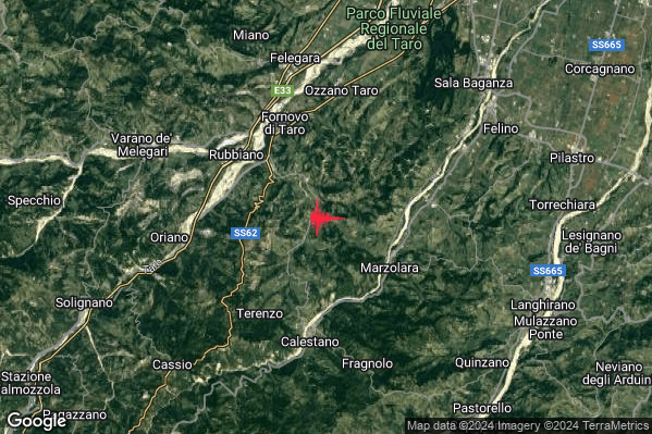 Leggero Terremoto M2.8 epicentro 5 km SE Fornovo di Taro (PR) alle 08:13:22 (07:13:22 UTC)