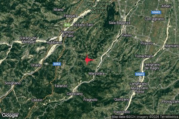 Leggero Terremoto M2.9 epicentro 6 km SE Fornovo di Taro (PR) alle 08:59:51 (07:59:51 UTC)