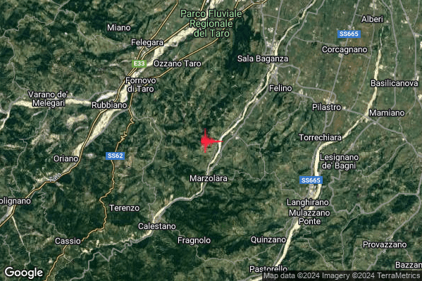 Lieve Terremoto M2.1 epicentro 7 km SW Felino (PR) alle 09:14:33 (08:14:33 UTC)