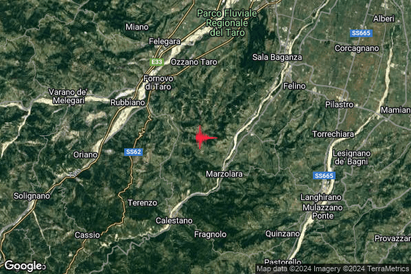 Debole Terremoto M2.4 epicentro 6 km SE Fornovo di Taro (PR) alle 10:02:11 (09:02:11 UTC)