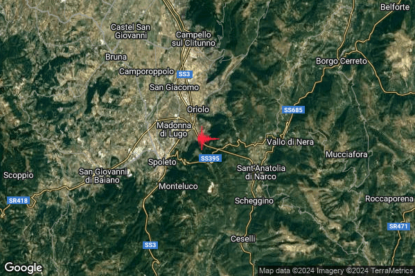 Leggero Terremoto M3.1 epicentro 4 km NE Spoleto (PG) alle 11:57:26 (10:57:26 UTC)
