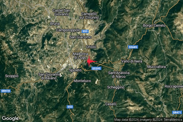 Debole Terremoto M2.3 epicentro 4 km NE Spoleto (PG) alle 12:08:24 (11:08:24 UTC)