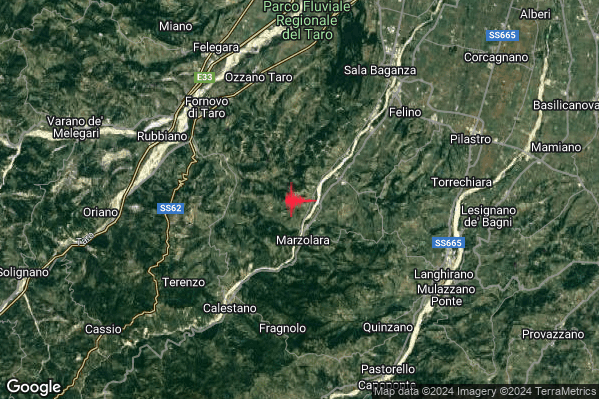 Debole Terremoto M2.3 epicentro 7 km NE Calestano (PR) alle 12:50:58 (11:50:58 UTC)