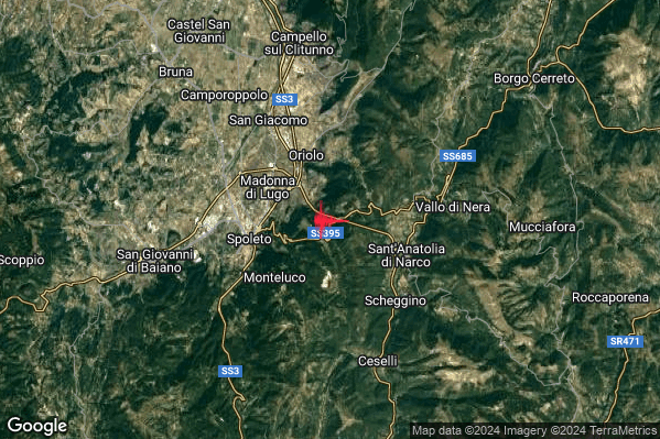 Leggero Terremoto M2.9 epicentro 4 km E Spoleto (PG) alle 12:52:13 (11:52:13 UTC)