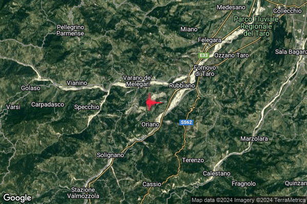Debole Terremoto M2.7 epicentro 3 km SE Varano de' Melegari (PR) alle 13:44:16 (12:44:16 UTC)