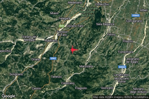 Debole Terremoto M2.4 epicentro 4 km SE Fornovo di Taro (PR) alle 15:02:11 (14:02:11 UTC)