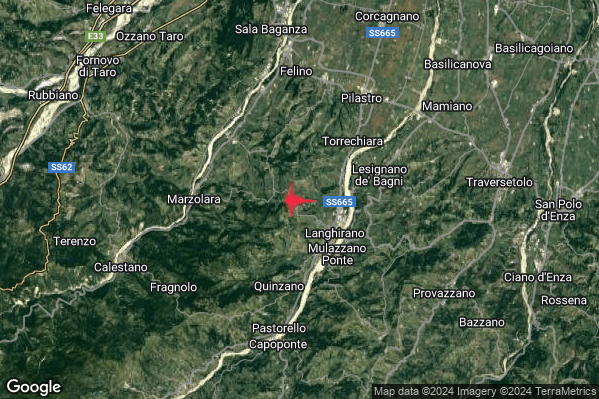 Leggero Terremoto M2.8 epicentro 3 km NW Langhirano (PR) alle 16:08:30 (15:08:30 UTC)