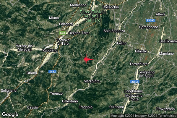 Debole Terremoto M2.5 epicentro 6 km E Fornovo di Taro (PR) alle 16:33:59 (15:33:59 UTC)