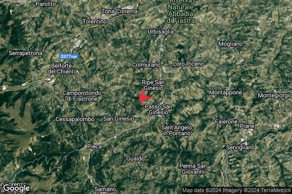 Debole Terremoto M2.3 epicentro 2 km SW Ripe San Ginesio (MC) alle 17:30:48 (16:30:48 UTC)