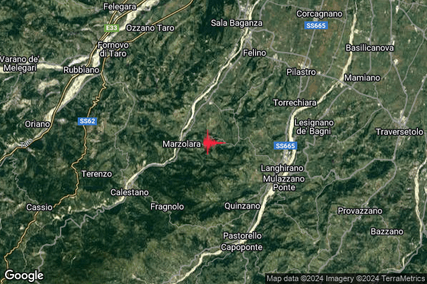 Moderato Terremoto M3.7 epicentro 6 km W Langhirano (PR) alle 17:38:06 (16:38:06 UTC)