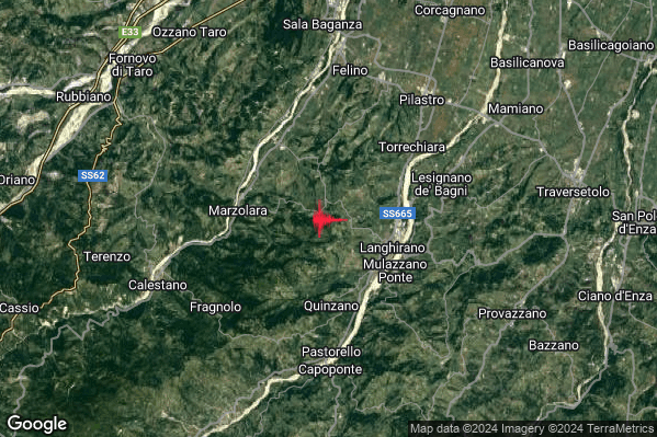 Debole Terremoto M2.5 epicentro 3 km W Langhirano (PR) alle 18:00:41 (17:00:41 UTC)