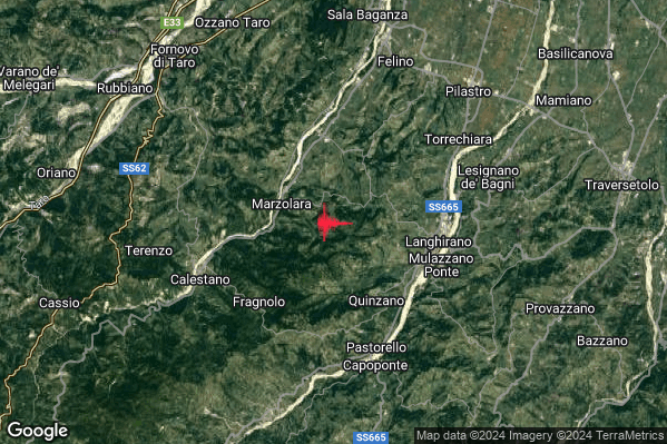 Debole Terremoto M2.5 epicentro 5 km W Langhirano (PR) alle 20:56:55 (19:56:55 UTC)