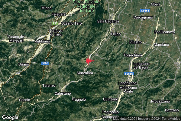 Debole Terremoto M2.6 epicentro 7 km SW Felino (PR) alle 22:28:36 (21:28:36 UTC)