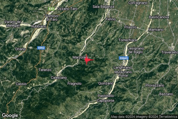 Debole Terremoto M2.5 epicentro 6 km E Calestano (PR) alle 23:21:32 (22:21:32 UTC)