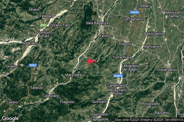 Debole Terremoto M2.4 epicentro 5 km SW Felino (PR) alle 02:05:16 (01:05:16 UTC)