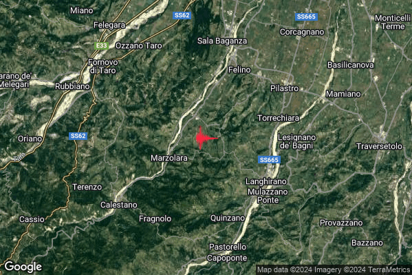 Debole Terremoto M2.4 epicentro 6 km NW Langhirano (PR) alle 02:06:20 (01:06:20 UTC)