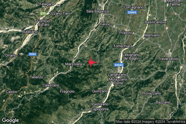 Debole Terremoto M2.4 epicentro 5 km W Langhirano (PR) alle 03:44:13 (02:44:13 UTC)
