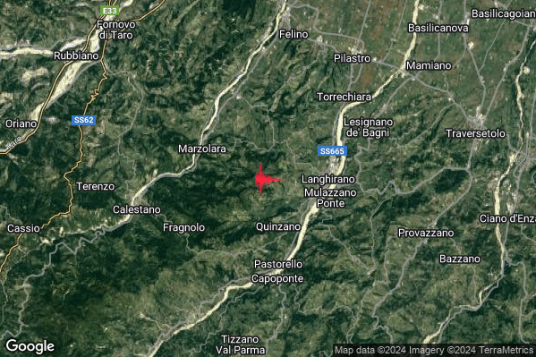 Debole Terremoto M2.3 epicentro 4 km W Langhirano (PR) alle 08:24:15 (07:24:15 UTC)