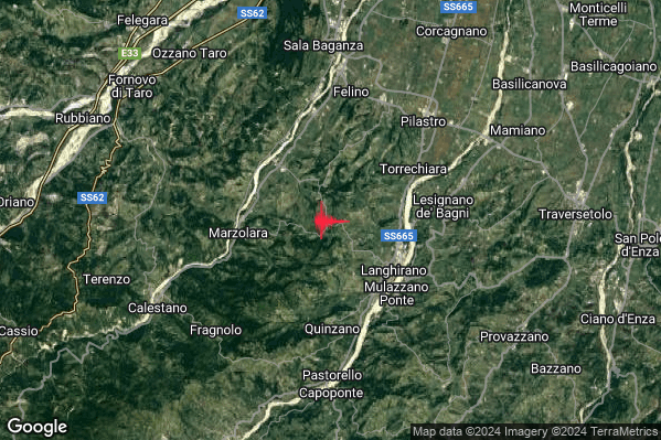 Debole Terremoto M2.3 epicentro 4 km NW Langhirano (PR) alle 11:20:39 (10:20:39 UTC)