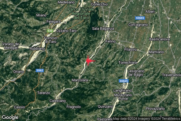 Debole Terremoto M2.5 epicentro 5 km SW Felino (PR) alle 14:43:49 (13:43:49 UTC)
