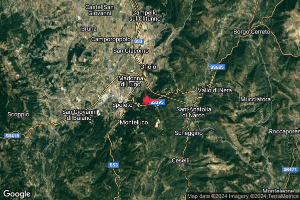 Debole Terremoto M2.3 epicentro 3 km E Spoleto (PG) alle 18:13:06 (17:13:06 UTC)