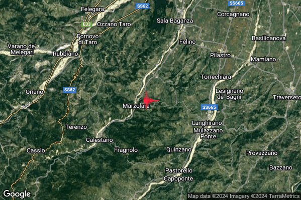 Debole Terremoto M2.5 epicentro 6 km W Langhirano (PR) alle 20:56:54 (19:56:54 UTC)