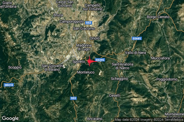 Debole Terremoto M2.3 epicentro 2 km E Spoleto (PG) alle 22:36:41 (21:36:41 UTC)