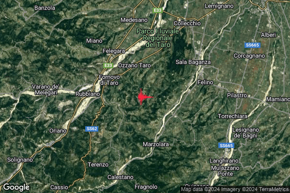 Debole Terremoto M2.4 epicentro 5 km E Fornovo di Taro (PR) alle 13:27:52 (12:27:52 UTC)