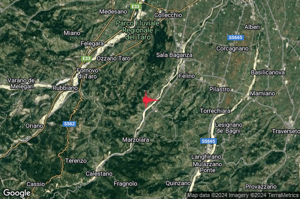 Debole Terremoto M2.4 epicentro 5 km SW Felino (PR) alle 16:02:34 (15:02:34 UTC)