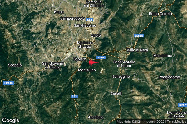 Debole Terremoto M2.3 epicentro 2 km E Spoleto (PG) alle 18:34:28 (17:34:28 UTC)