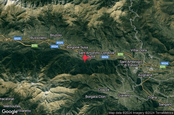 Debole Terremoto M2.3 epicentro 1 km W Sant'Antonino di Susa (TO) alle 05:17:07 (04:17:07 UTC)