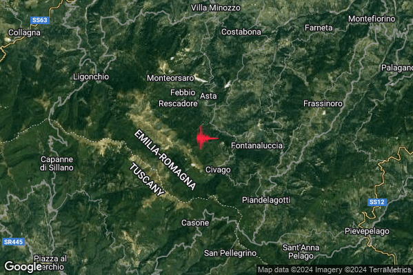 Lieve Terremoto M2.2 epicentro 10 km W Frassinoro (MO) alle 14:27:45 (13:27:45 UTC)