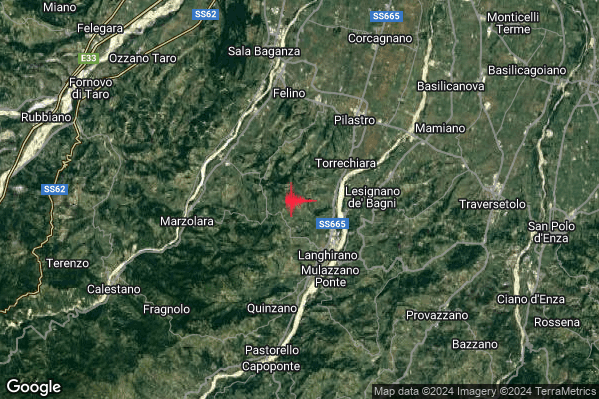 Lieve Terremoto M2.2 epicentro 3 km NW Langhirano (PR) alle 14:40:03 (13:40:03 UTC)